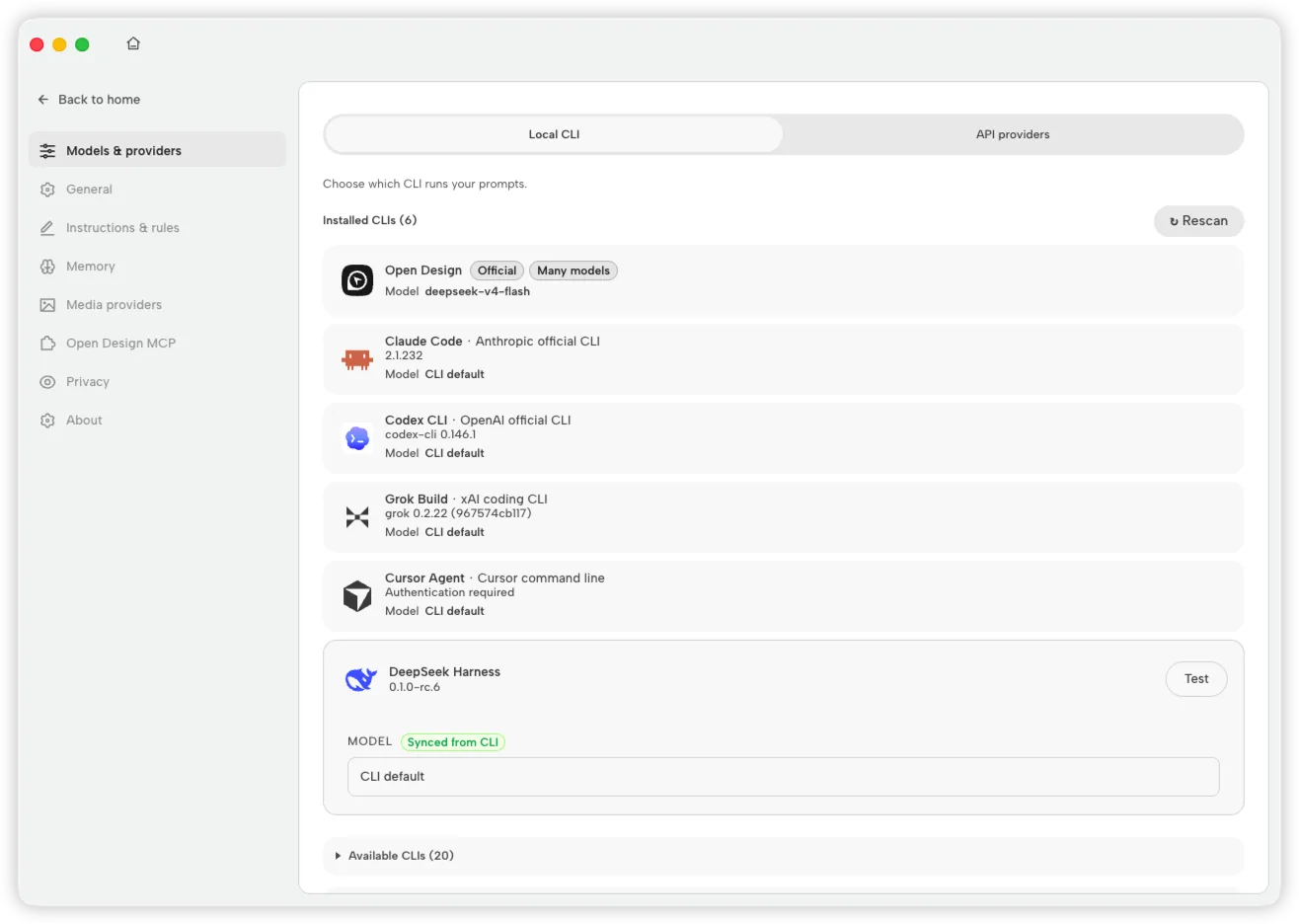 SankiWork Models and providers settings showing DeepSeek Harness installed, synced from CLI, and ready to test