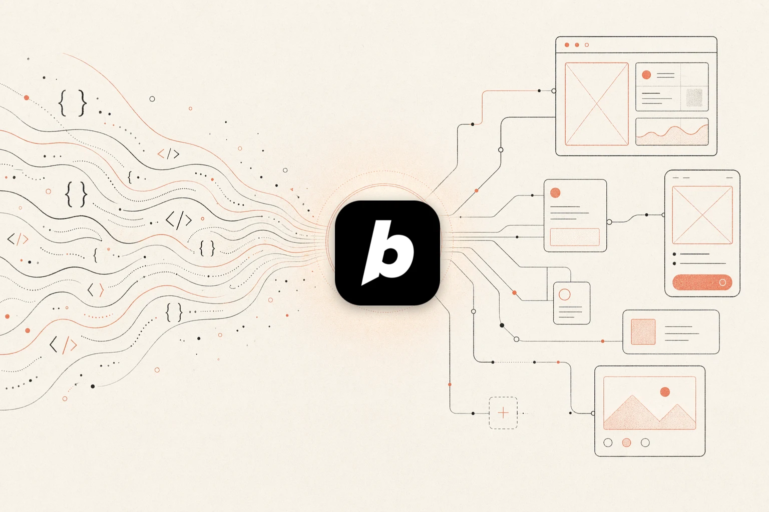 SankiWork vs Bolt — warm-paper editorial illustration of code converging into a design hub