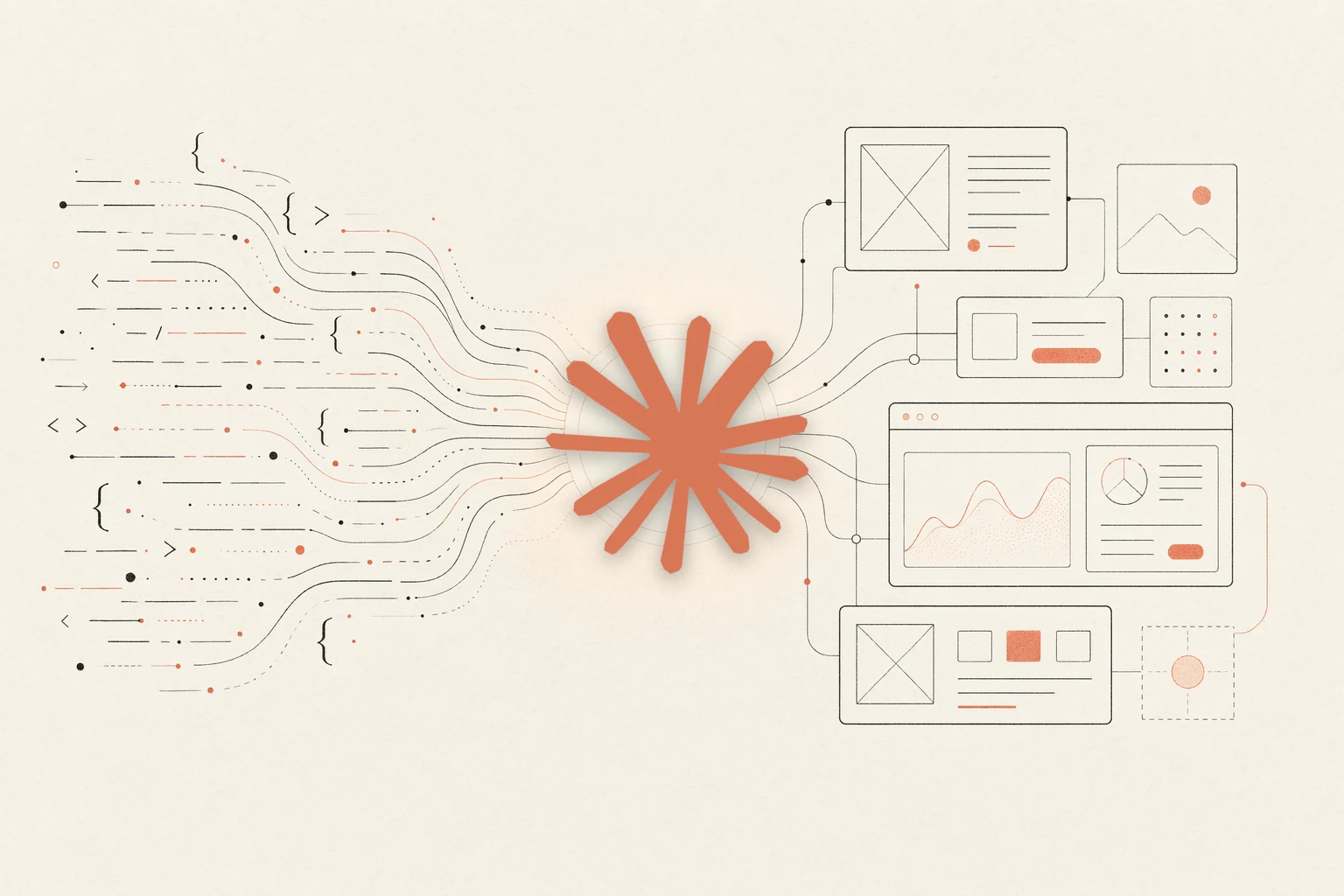 SankiWork vs Claude Design — warm-paper editorial illustration of code converging into a design hub