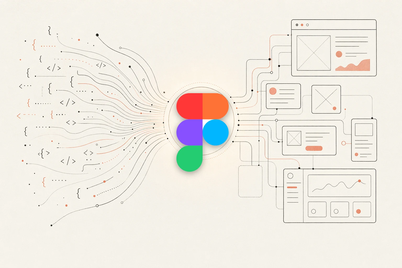 SankiWork vs Figma — warm-paper editorial illustration of code converging into a design hub