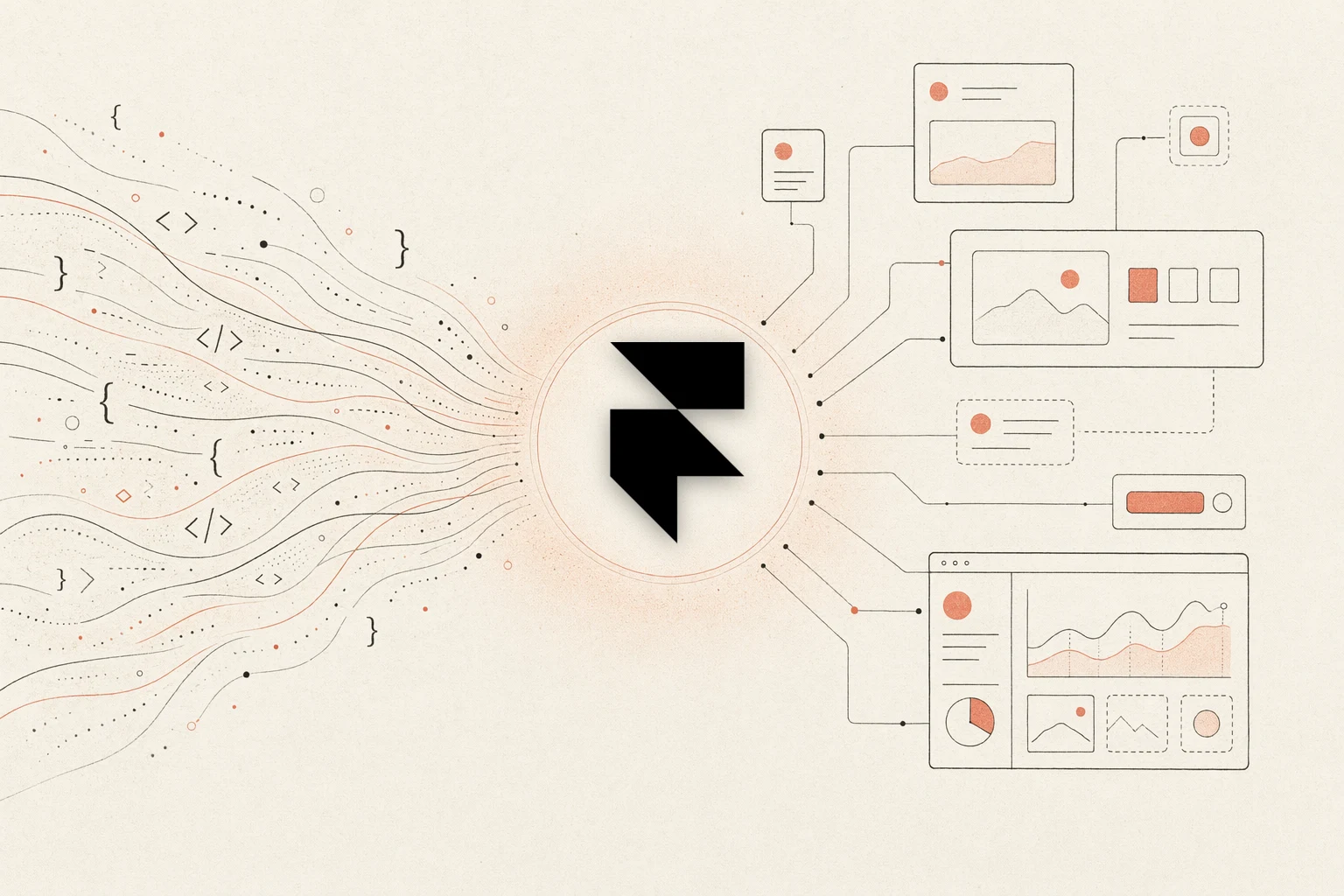 SankiWork vs Framer — warm-paper editorial illustration of code converging into a design hub