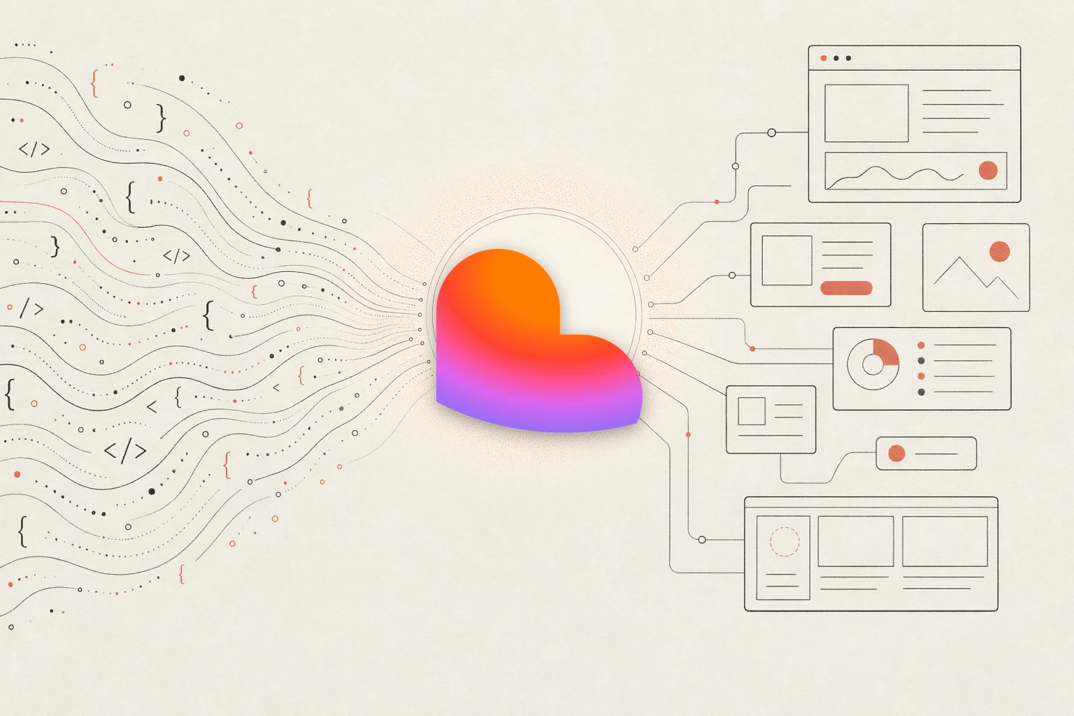 SankiWork vs Lovable — warm-paper editorial illustration of code converging into a design hub