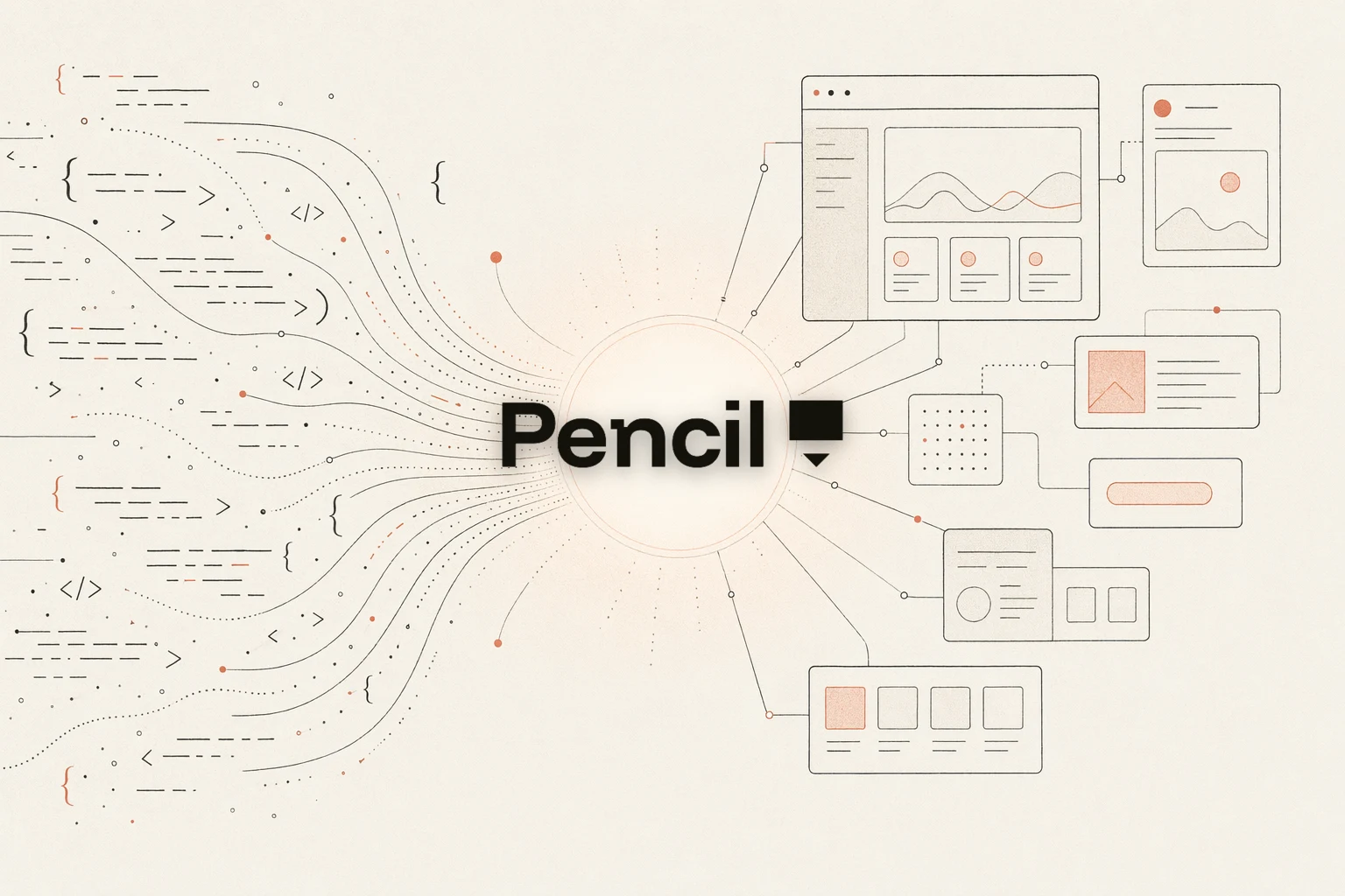 SankiWork vs Pencil.dev — warm-paper editorial illustration of a design canvas converging into a repo of files you own