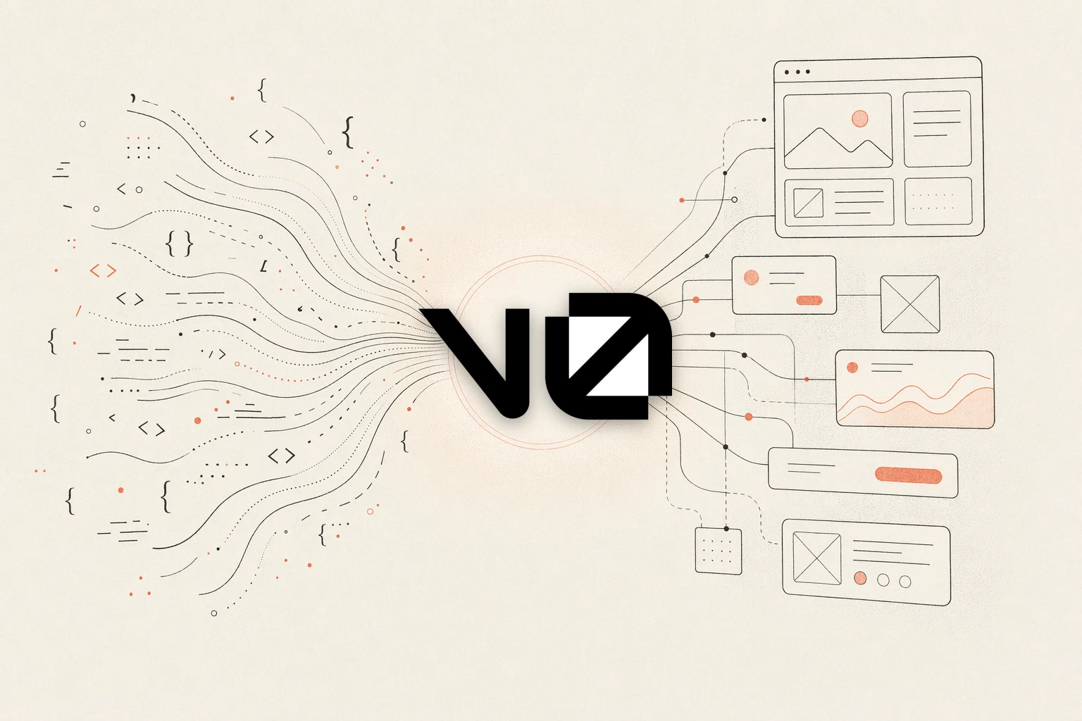 SankiWork vs v0 — warm-paper editorial illustration of code converging into a design hub
