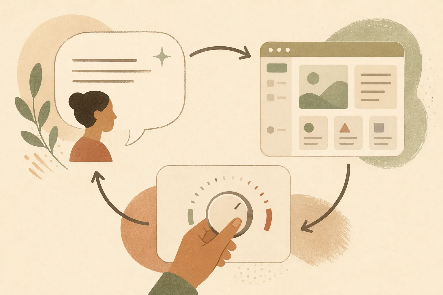 Editorial illustration of the describe, generate, and steer loop in SankiWork