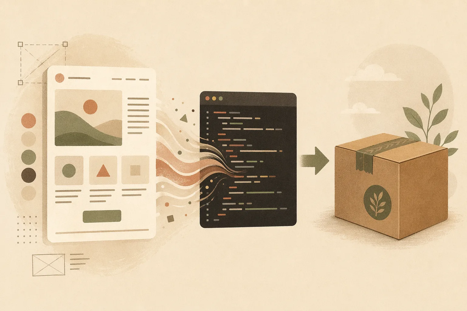 Editorial illustration of a design shipping to production code in SankiWork