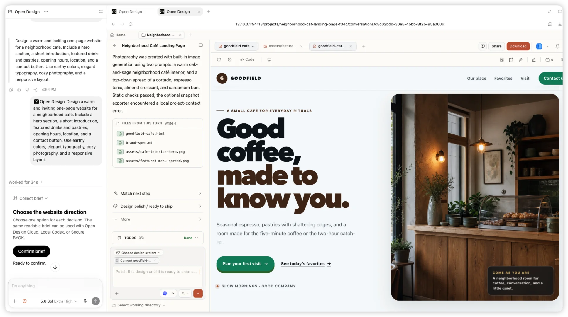 A real Codex task using the SankiWork plugin alongside the finished Goodfield cafe website