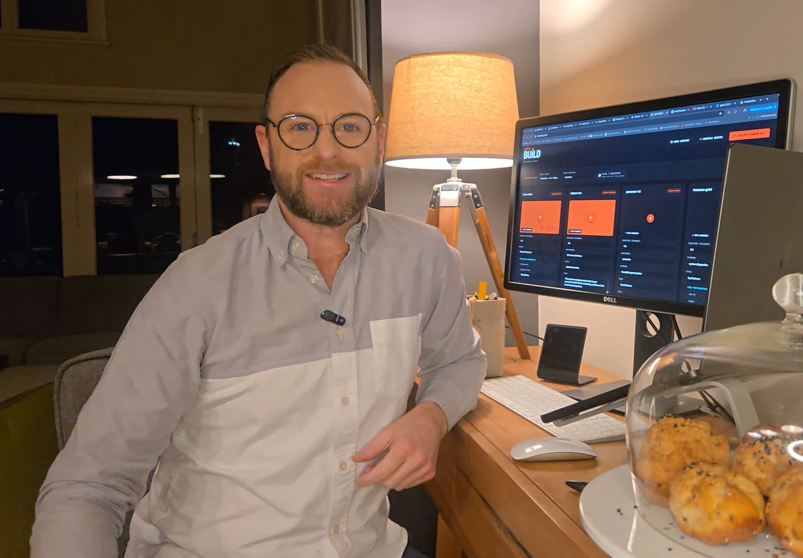 Stuart Gardoll at his Let's Build desk, the SankiWork motion editor on screen